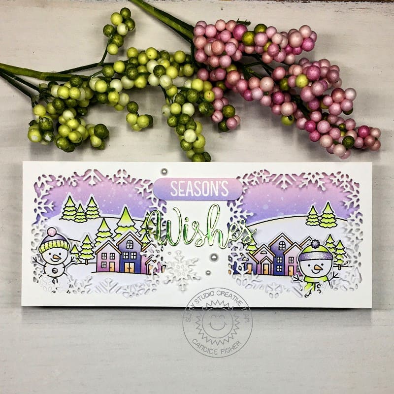 Sunny Studio Stamps Lavender & Green White Christmas Snowy Holiday Winter Card with Houses using Layered Snowflake Frame Dies