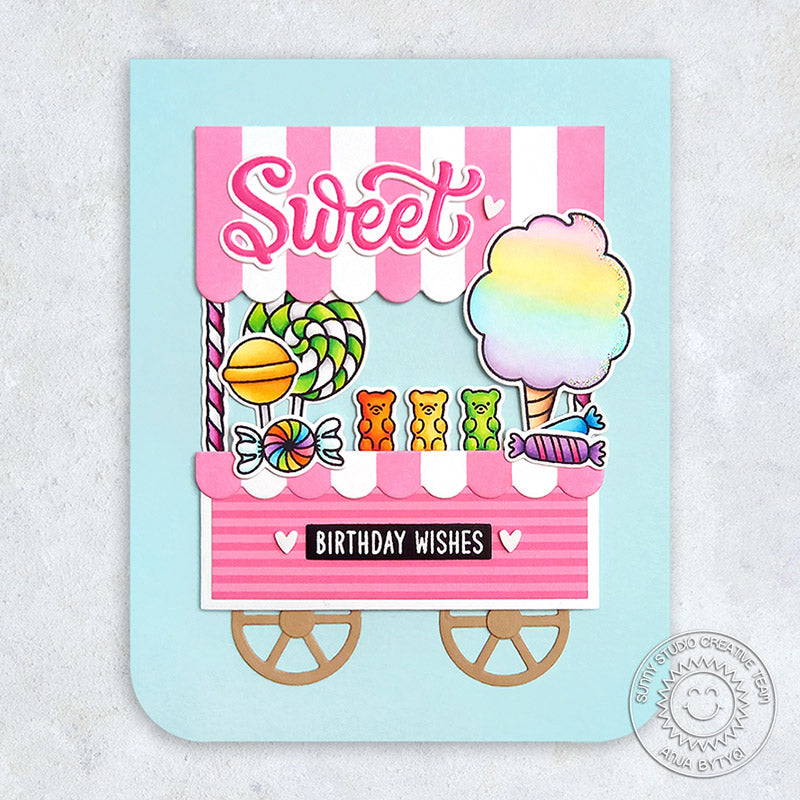 Sunny Studio Sweet Birthday Wishes Candy Cart with Pink & White Striped Awning & Rainbow Cotton Candy Card (using Candy Shoppe Clear Stamps)