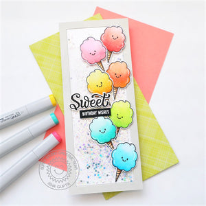 Sunny Studio Sweet Birthday Wishes Rainbow Pastel Cotton Candy Slimline Shaker Card (using Candy Shoppe 4x6 Clear Stamps)