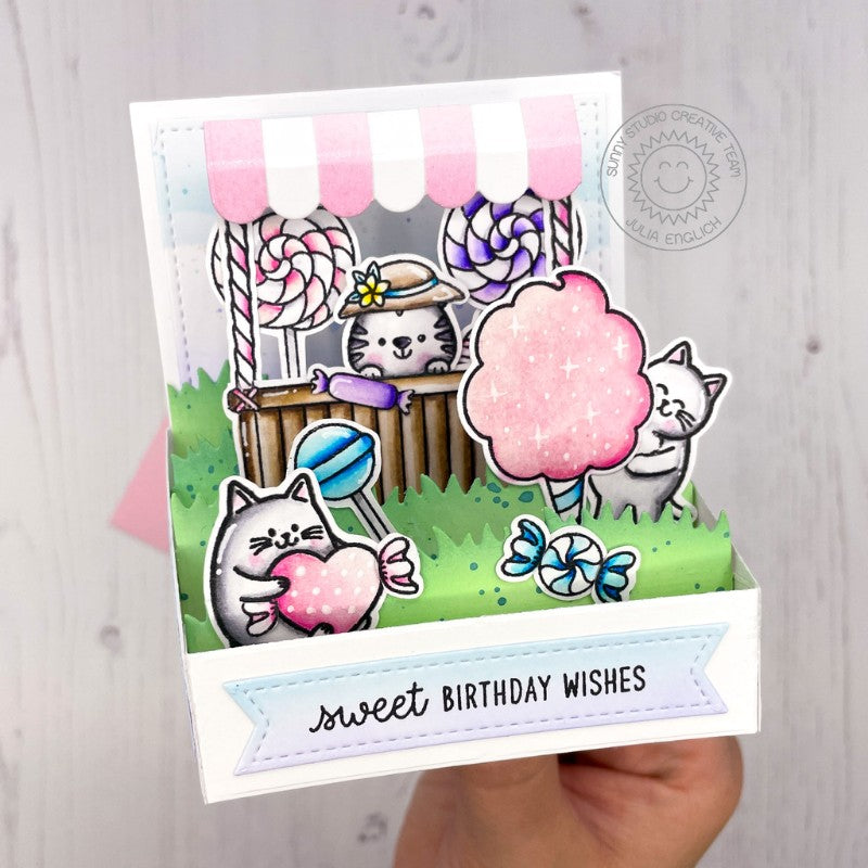 Sunny Studio Sweet Birthday Wishes Cats with Lollipops & Cotton Candy Stand Pop-up Box Card (using Candy Shoppe 4x6 Clear Stamps)