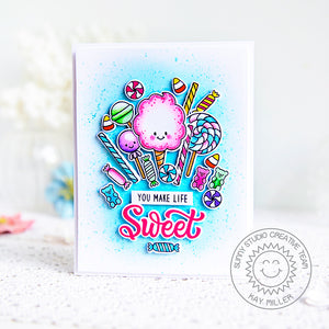 Sunny Studio You Make Life Sweet Cotton Candy, Lollipop, Sucker & Gummi Bears Card (using Candy Shoppe 4x6 Clear Stamps)