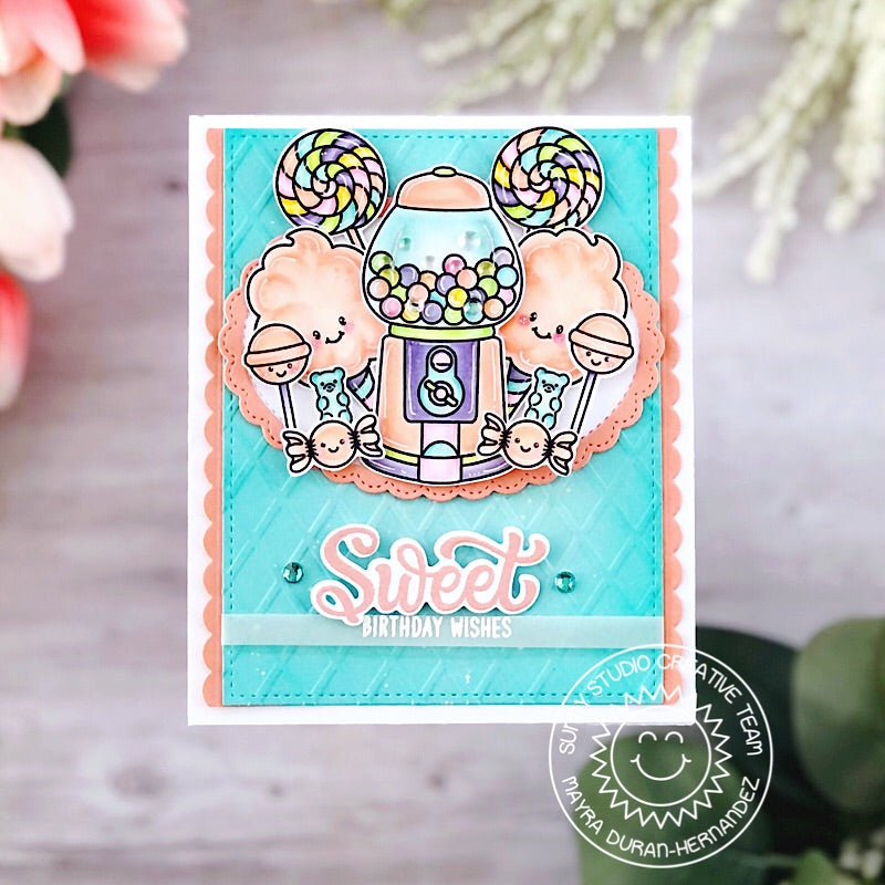 Sunny Studio Sweet Birthday Wishes Bubblegum Machine, Lollipop, Cotton Candy & Gummi Bears Peach & Aqua  Card (using Candy Shoppe Clear Stamps)