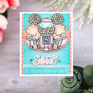 Sunny Studio Stamps Sweet Birthday Wishes Gumball Machine, Lollipops, Suckers & Cotton Candy E mbossed Card (using Dapper Diamonds 6x6 Embossing Folder)