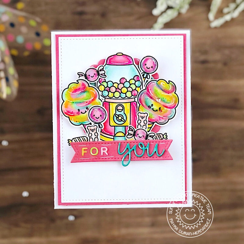Sunny Studio For You Gumball Machine with Rainbow Cotton Candy, Lollipops & Gummi Bears Card (using Candy Shoppe Stamps)