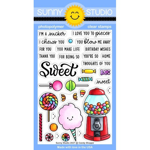 Sunny Studio Candy Shoppe 4x6 Clear Photopolymer Stamps featuring Gumball Machine, Cotton Candy, Swirl Lollipop & Suckers SSCL-297