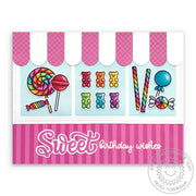 Sunny Studio Stamps Sweet Birthday Wishes Candy Shop Store Window Card with Striped Awning (using Comic Strip Everyday Metal Cutting Dies)