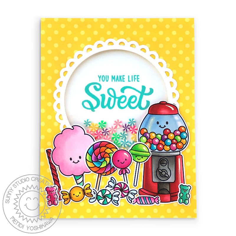 Sunny Studio You Make Life Sweet Yellow Polka-dot Scalloped Swirl Candies Shaker Card (using Candy Shoppe 4x6 Clear Stamps) 