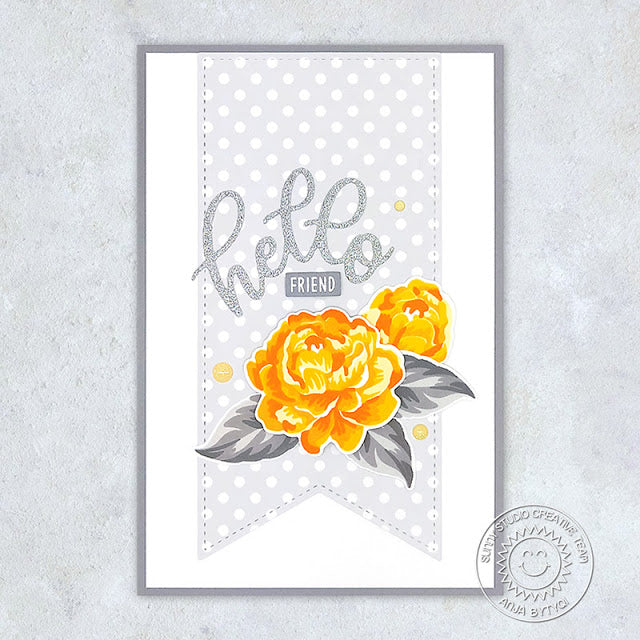 Sunny Studio Hello Grey & Yellow Floral Flower Polka-dot Handmade Card (using Layered Layering Captivating Camellias 4x6 Clear Stamps)