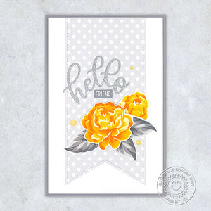 Sunny Studio Stamps Grey Polka-dot Hello Friend Yellow Camellia Flower Card (using Slimline Pennant Metal Cutting Dies)
