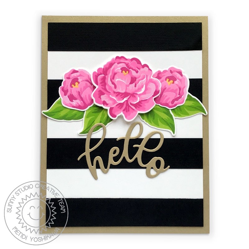 Sunny Studio Bold Wide Black & White Striped with Gold Accents Floral Flower Hello Card (using Captivating Camellias Clear Stamps)