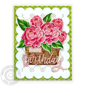 Sunny Studio Green Gingham Floral Flowers Eyelet Lace Scalloped Birthday Card (using Layered Basket Clear Stamps)
