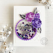 Sunny Studio Stamps Layered Camellias Purple Floral Flower Card (using Frilly Frames Quatrefoil Metal Cutting Dies)