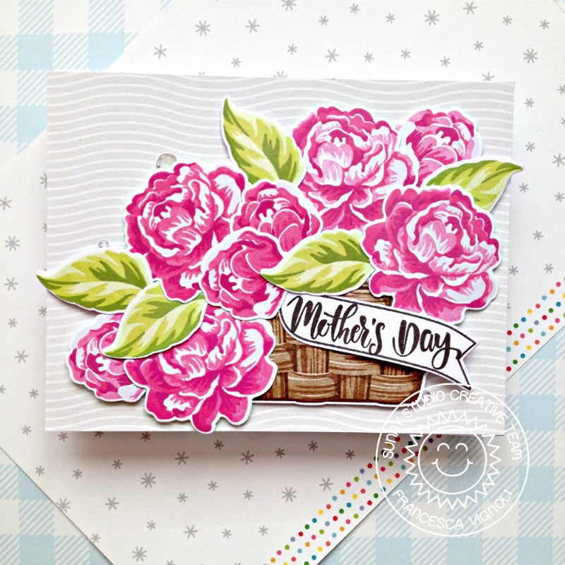Sunny Studio Basket full of overflowing flowers Mother's Day Card (using Captivating Camellias Layered 4x6 Clear Stamps)