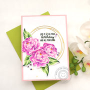 Sunny Studio Live It Up On Your Birthday and All Year Long Floral Wreath Card (using Captivating Camellias Layered 4x6 Clear Stamps)