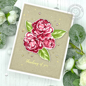 Sunny Studio Thinking of You Kraft Floral Flower Handmade Card (using Layered Layering Captivating Camellias 4x6 Clear Stamps)