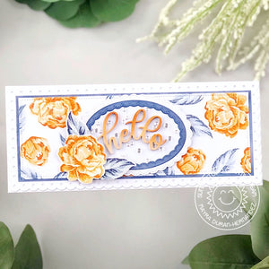 Sunny studio Stamps Hello Captivating Camellias Layered Yellow & Cornflower Blue Floral Slimline Card (using Scalloped Fancy Frames Oval Dies)