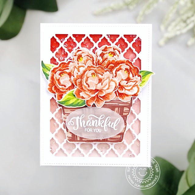 Sunny Studio Thankful For You Camellia Layered Flowers Handmade Card (using Layered Basket 4x6 Clear Stamps)