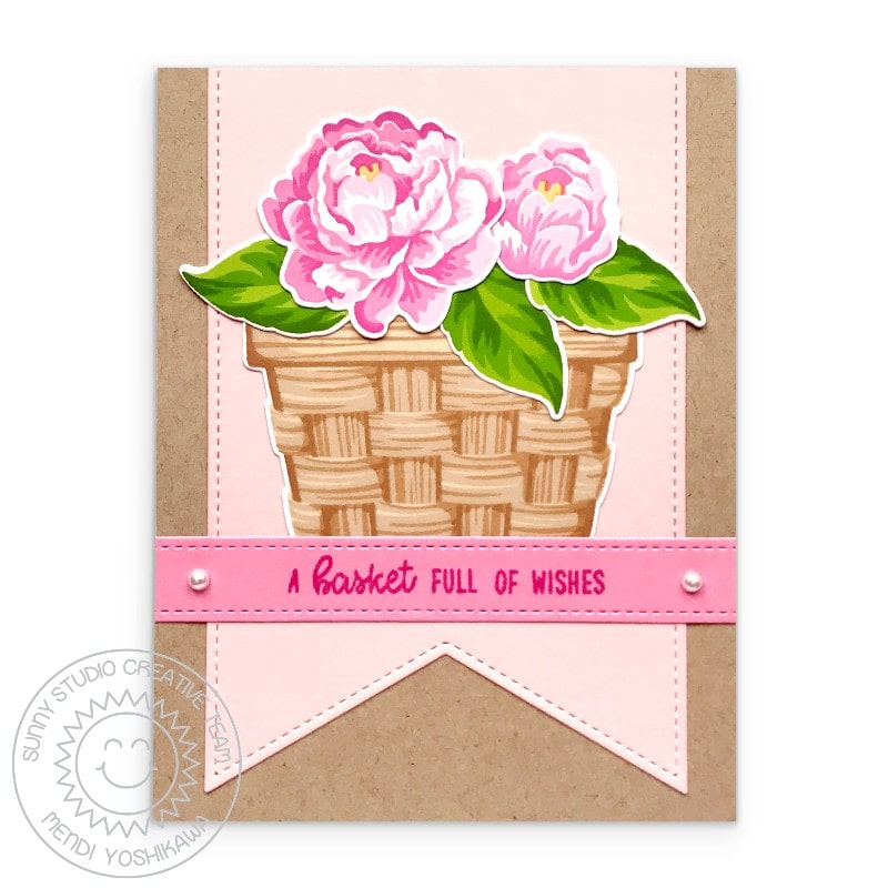 Sunny Studio Stamps Pink Camellia flowers in woven basket handmade card (using stitched Slimline Pennant Metal Cutting Dies)