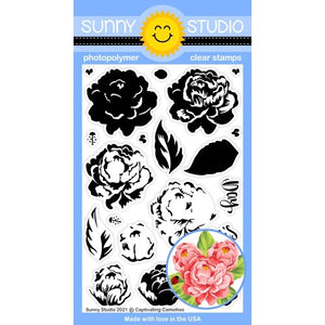 Sunny Studio Captivating Camellias 4x6 Layering Floral Flowers with Ladybug & Mother's Day Greeting Clear Photopolymer Stamps