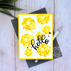 Sunny Studio Hello Yellow Floral Flower Handmade Card (using Layered Layering Captivating Camellias 4x6 Clear Stamps)