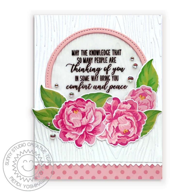 Sunny Studio Stamps Pink Polka-dot & Woodgrain Floral Sympathy Card using Stitched Circle Large Nesting Metal Cutting Dies