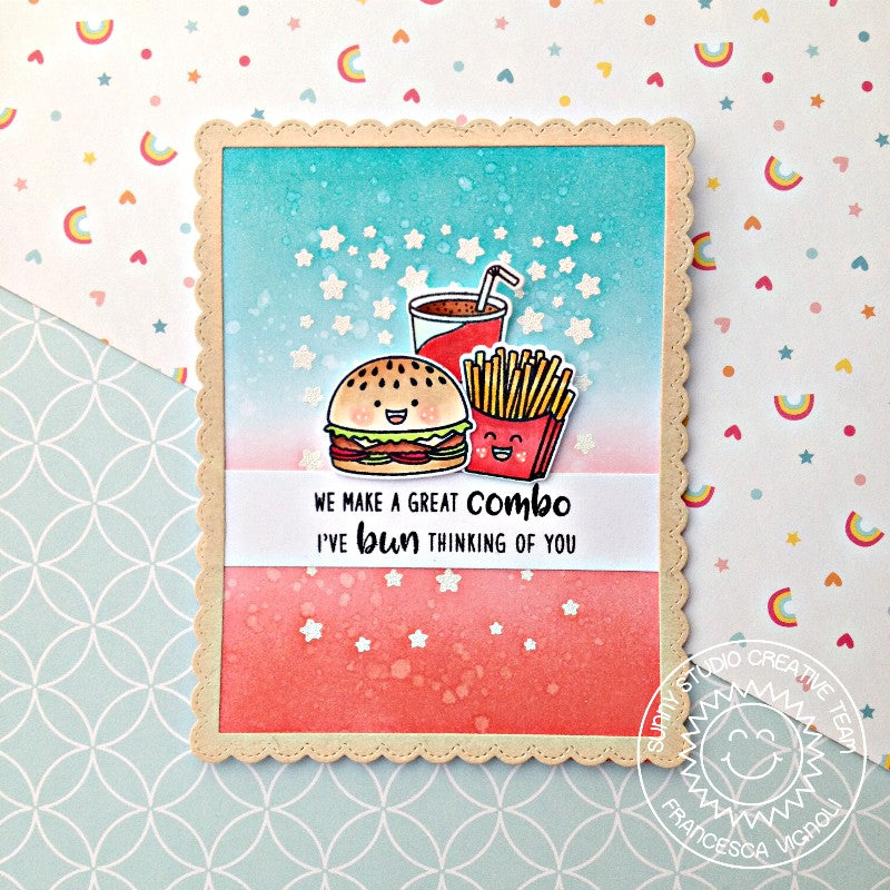 Sunny Studio Stamps Cascading Stars Cheeseburger Meal Red, White & Blue Card