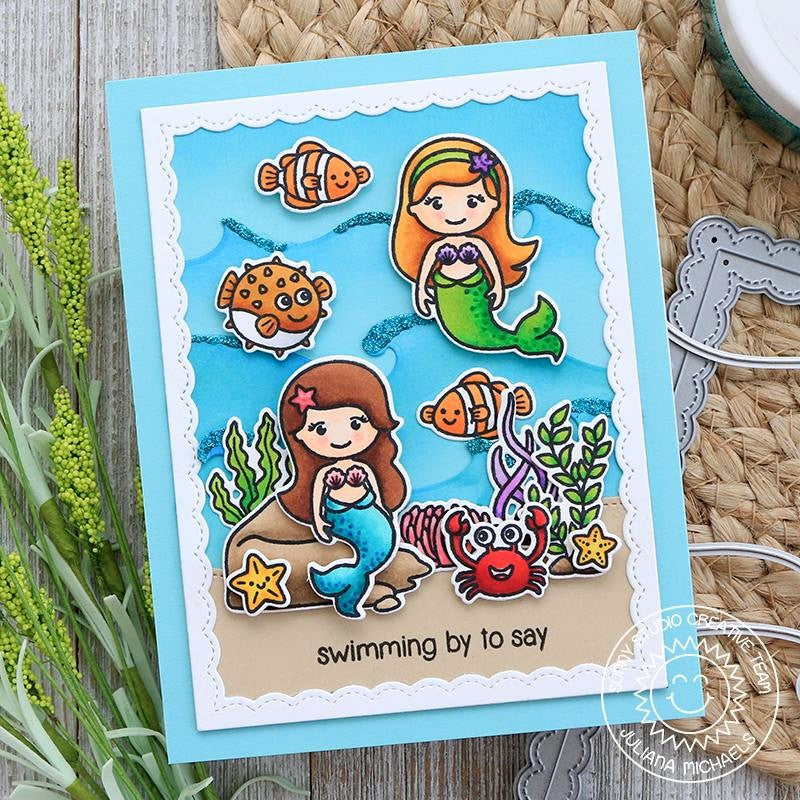 Sunny Studio Stamps Under The Sea Little Mermaid Ocean Themed Card with wave background (using Catch A Wave dies)