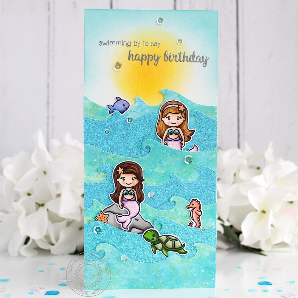Sunny Studio Stamps Magical Mermaids Elongated Birthday Card by Leanne West (using Catch A Wave Border Dies)