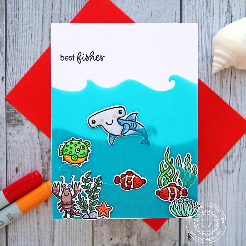 Sunny Studio Stamps Best Fishes Under The Sea Hammerhead Shark card featuring vellum waves