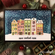 Sunny Studio For My Coolest Friend Snowy Town Winter Holiday Christmas Card (using Charming City 4x6 Clear Stamps)