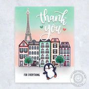 Sunny Studio Thank You For Everything Penguin in City Thanks Card (using Paris Afternoon 4x6 Clear Stamps)