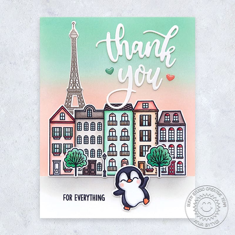 Sunny Studio Thank You For Everything Penguin in City Thanks Card (using Paris Afternoon 4x6 Clear Stamps)