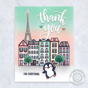 Sunny Studio Thank You For Everything Penguin in Paris Eiffel Tower Thanks Card (using Charming City 4x6 Clear Stamps)