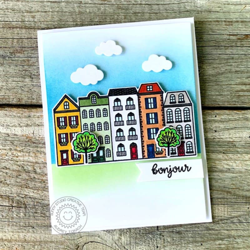 Sunny Studio Colorful Row of Apartment Building Houses Bonjour Hello Card (using Charming City 4x6 Clear Stamps)