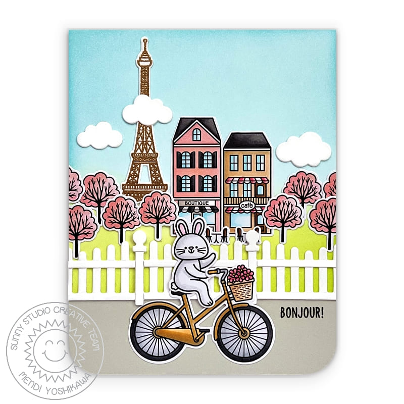 Sunny Studio Bonjour Bunny Riding Bicycle Paris Eiffel Tower Spring Card (using Charming City 4x6 Clear Stamps)