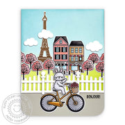 Sunny Studio Bonjour Bunny Riding Bicycle French Eiffel Tower Spring Card (using Scalloped Fence Metal Cutting Dies)
