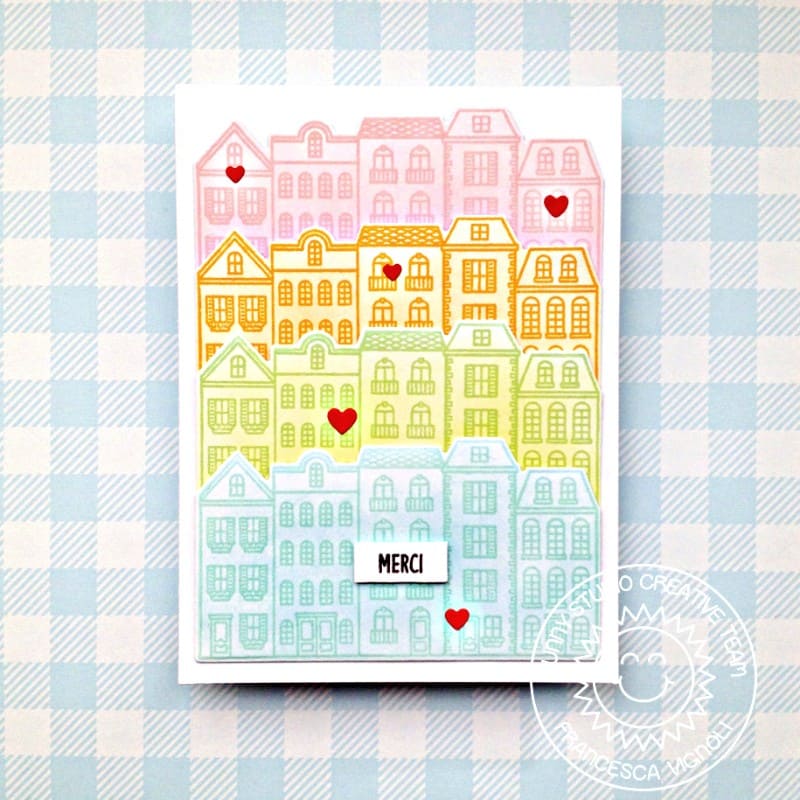 Sunny Studio Rainbow Home & Apartment Buildings Merci French Thank You Card (using Charming City 4x6 Clear Stamps)