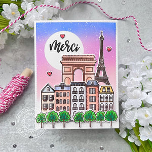Sunny Studio Paris Eiffel Tower French Boulevard Merci Thank You Card (using Charming City 4x6 Clear Stamps)
