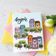 Sunny Studio Cafe, Shops & Apartment Buildings Spring Bonjour Card (using Charming City 4x6 Clear Stamps)