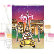 Sunny Studio Riding in Car with Eiffel Tower & Arc de triomphe Bonjour Card (using Passionate Penguins 4x6 Clear Stamps)