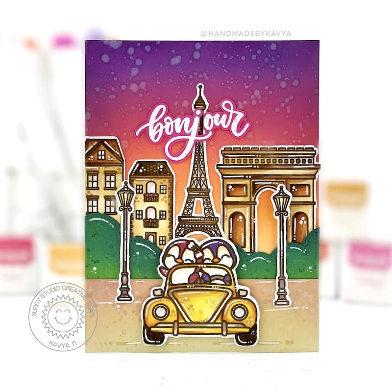 Sunny Studio Penguins in Car with Eiffel Tower & Arc de triomphe Bonjour Card (using Paris Afternoon 4x6 Clear Stamps)