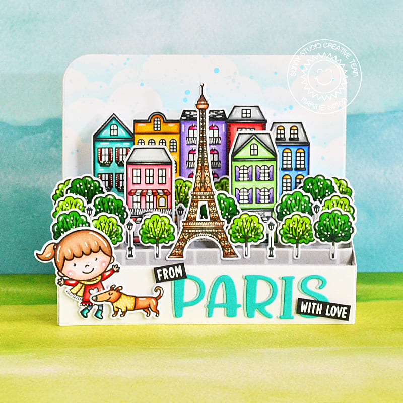 Sunny Studio From Paris with Love City Buildings, Eiffel Tower & Trees Pop-up Box Card (using Paris Afternoon 4x6 Clear Stamps)