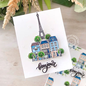 Sunny Studio Bonjour French Neighborhood Homes with Eiffel Tower CAS Clean & Simple Card (using Charming City 4x6 Clear Stamps)