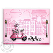 Sunny Studio Pink Poodle on Scooter in the City Merci Thank You Card (using Paris Afternoon 4x6 Clear Stamps)