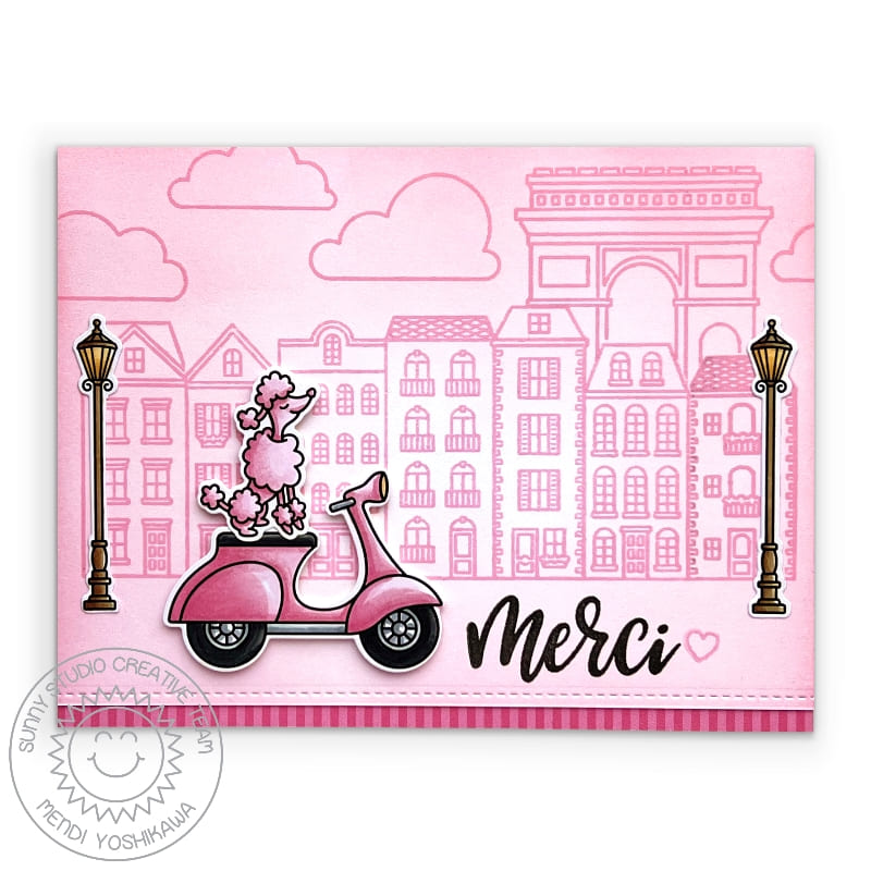 Sunny Studio Pink Poodle on Scooter in the City Merci Thank You Card (using Paris Afternoon 4x6 Clear Stamps)
