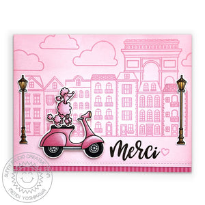 Sunny Studio Pink Poodle on Scooter in Paris Neighborhood Merci Thank You Card (using Charming City 4x6 Clear Stamps)