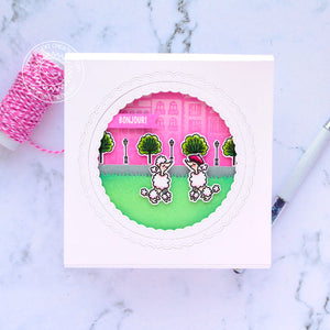 Sunny Studio Pink French Poodles Wearing Beret Square with Scalloped Window Bonjour Card (using Charming City 4x6 Clear Stamps)