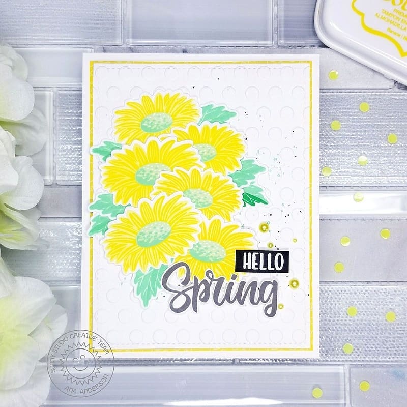 Sunny Studio Hello Spring Yellow Splattered Layered Daisy Flower Card using Cheerful Daisies 4x6 Clear Layering Stamps