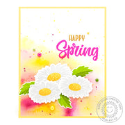 Sunny Studio Happy Spring Ink Splattered Yellow & Pink Daisy Flower Spring Card using Cheerful Daisies Clear Layering Stamps