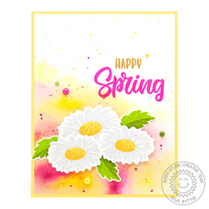 Sunny Studio Happy Spring Ink Splattered Yellow & Pink Daisy Flower Spring Card using Cheerful Daisies Clear Layering Stamps